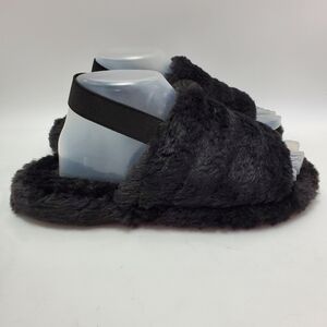 Cozy Fluffy Mule Sling Back Elastic Strap Faux Fur Slippers Black Size Medium
